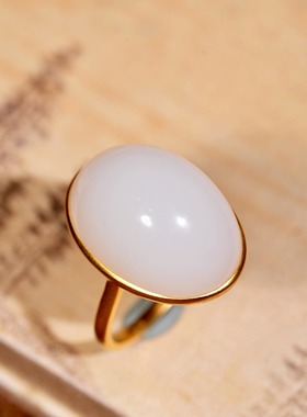天然新疆和田玉羊脂白玉18k金镶嵌蛋面戒指新中式珠宝女款饰品