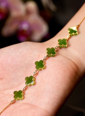 天然和田玉碧玉四叶草手链18k金镶嵌女款时尚百搭简约手饰