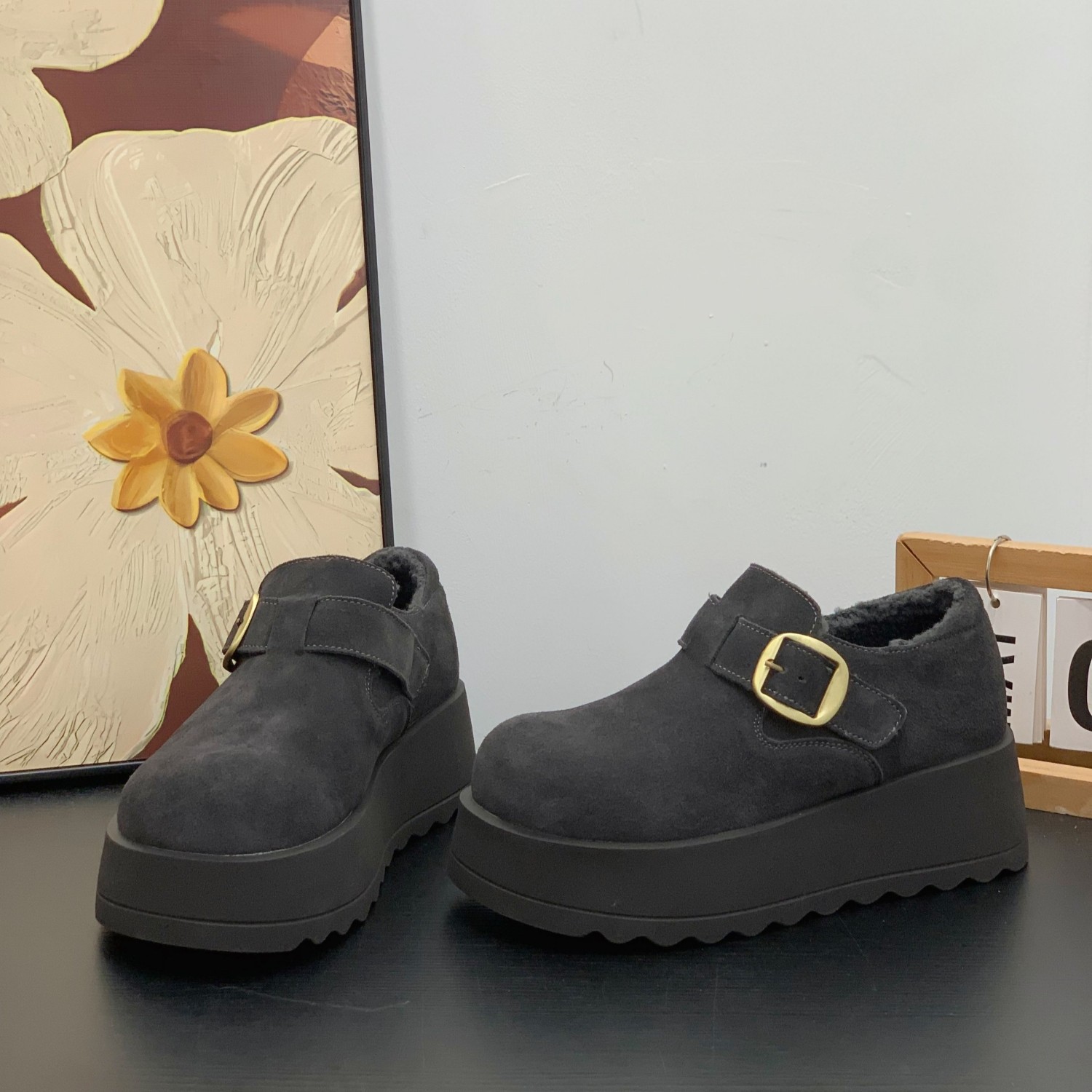 复古灰色高级感勃肯鞋女2025冬季加绒深口棉鞋魔术贴厚底松糕鞋,淘宝优惠券,粉丝福利购,淘宝优惠卷