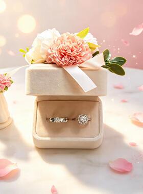 合金莫桑石戒指 高级感花朵礼盒结婚订婚钻戒仿真结婚一对假钻戒