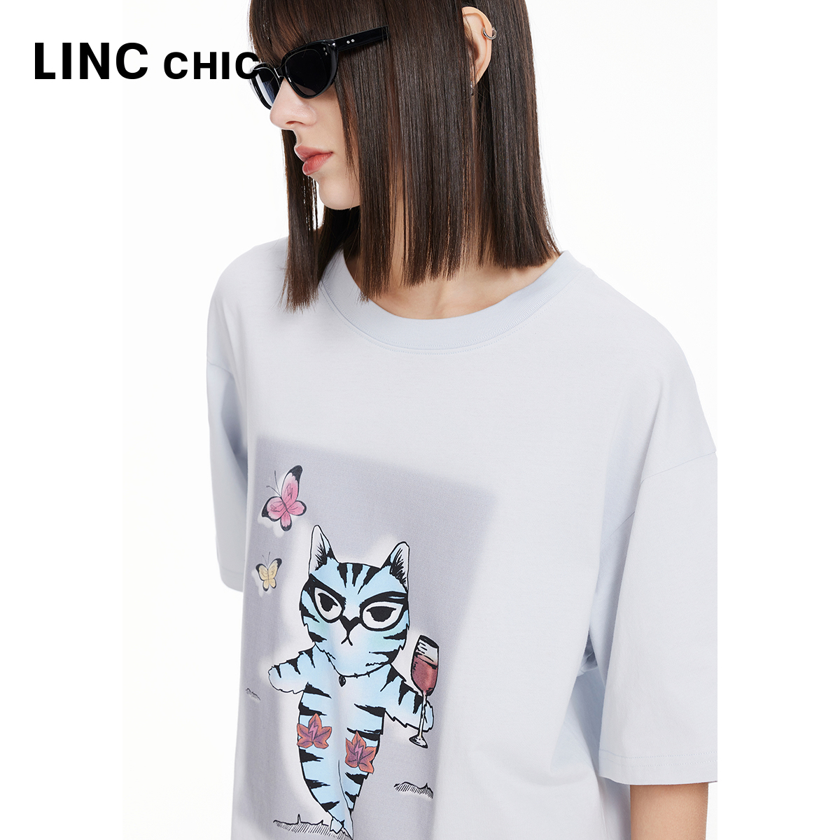 LINCCHIC金羽杰2024年夏季新品圆领廓形印花大T恤女S242TS258Y-图3