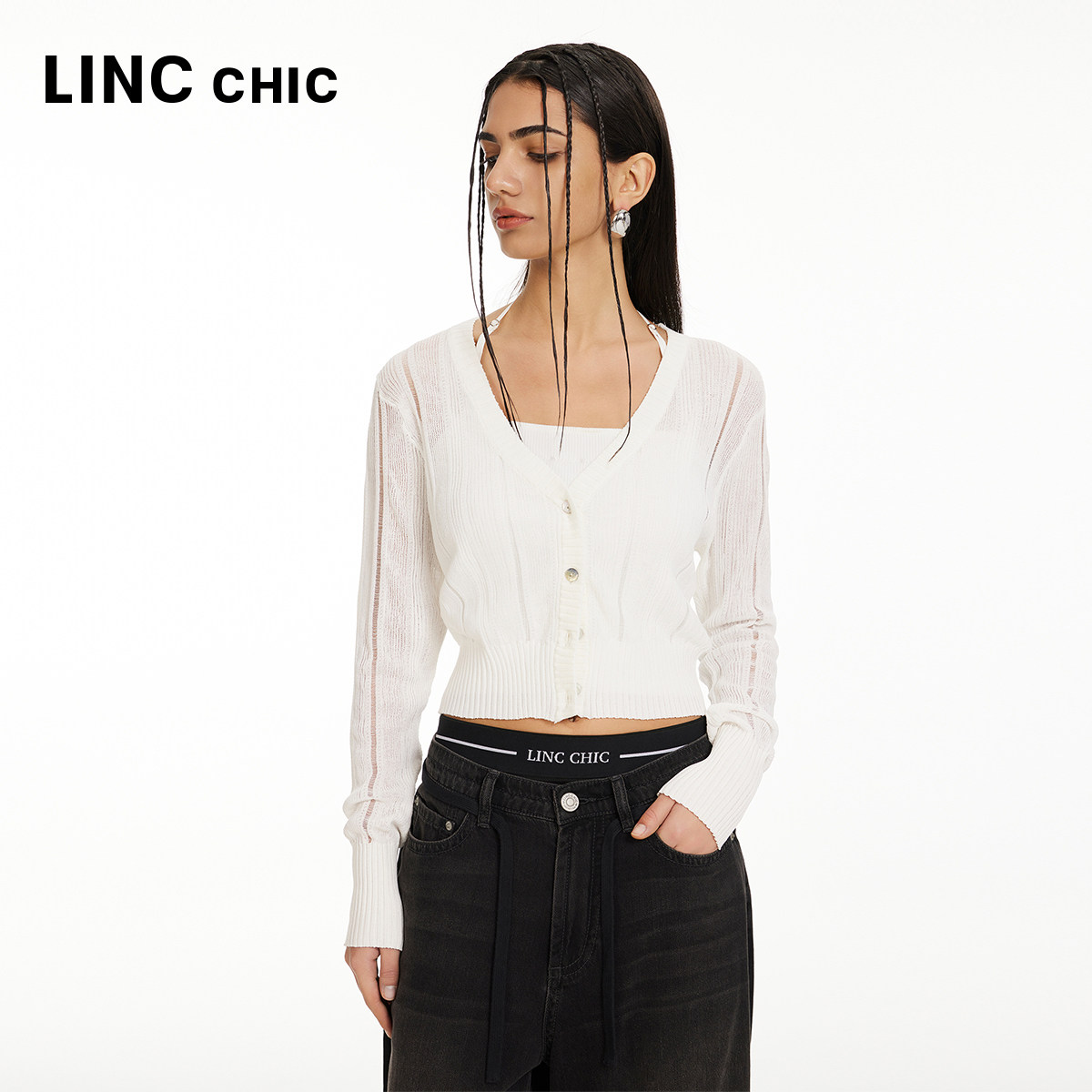 LINC金羽杰镂空针织开衫外套短款V领薄透防晒针织衫女上衣CR331Y,淘宝优惠券,粉丝福利购,淘宝优惠卷