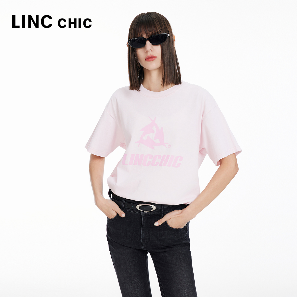 LINCCHIC金羽杰2024年春季新品圆领廓形印花大T恤女S241TS034Y - 图3