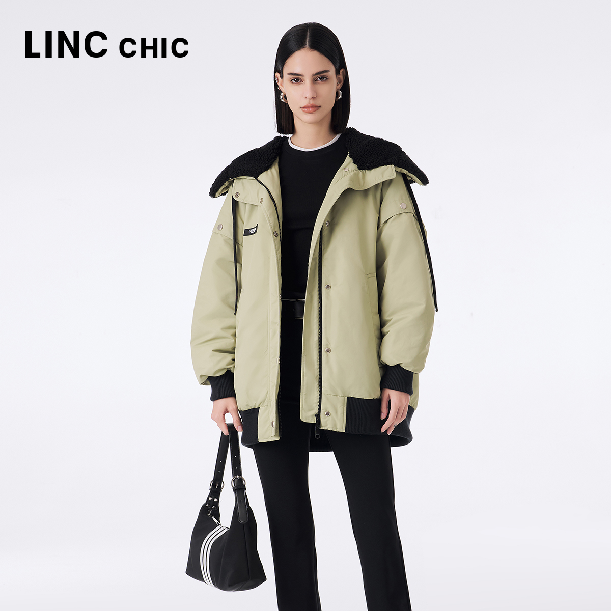 LINCCHIC金羽杰羽绒服女中长款2023秋冬新品量感大披肩帽夹克3264