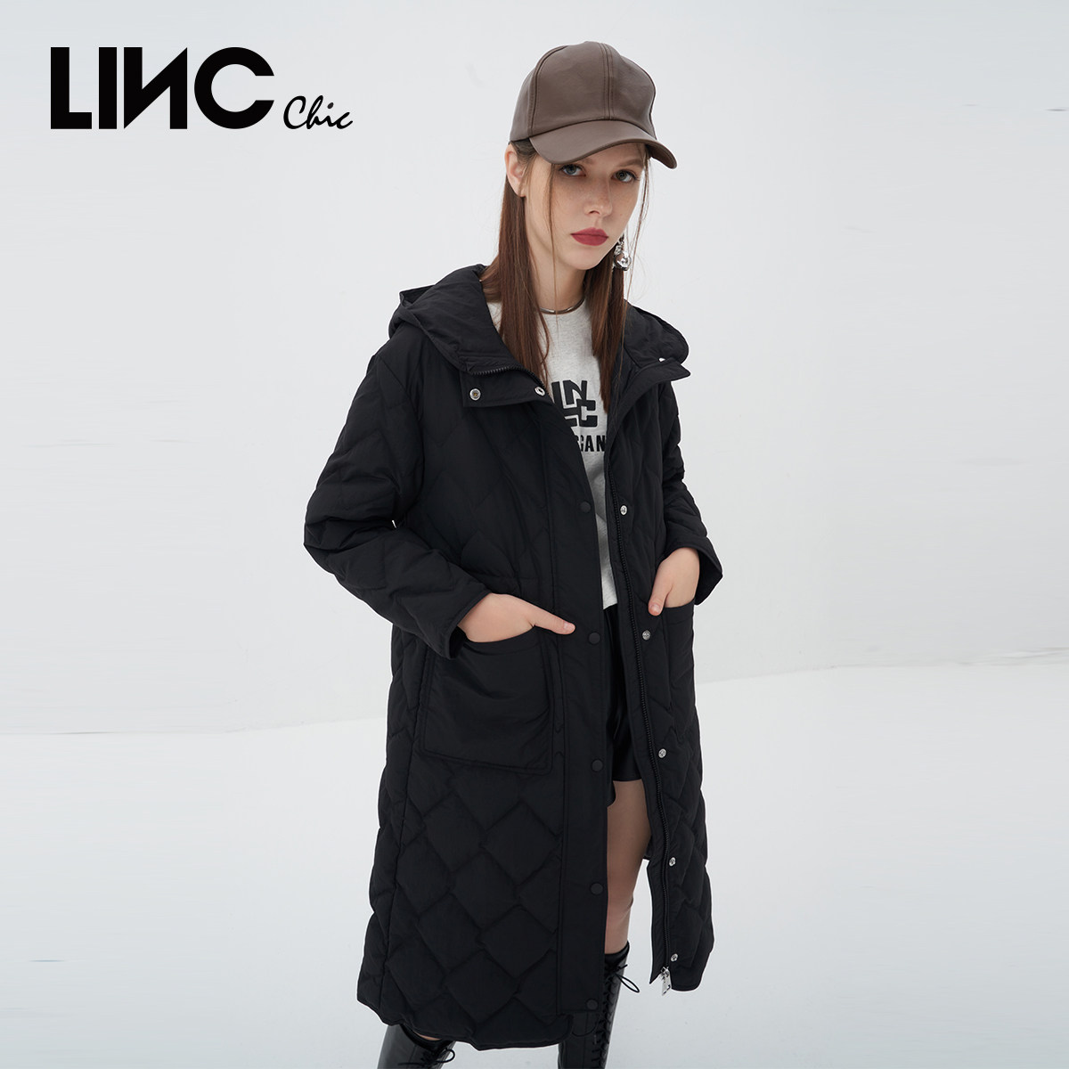 LINCCHIC金羽杰羽绒服风衣感连帽简约长款羽绒服女反季Y22808207
