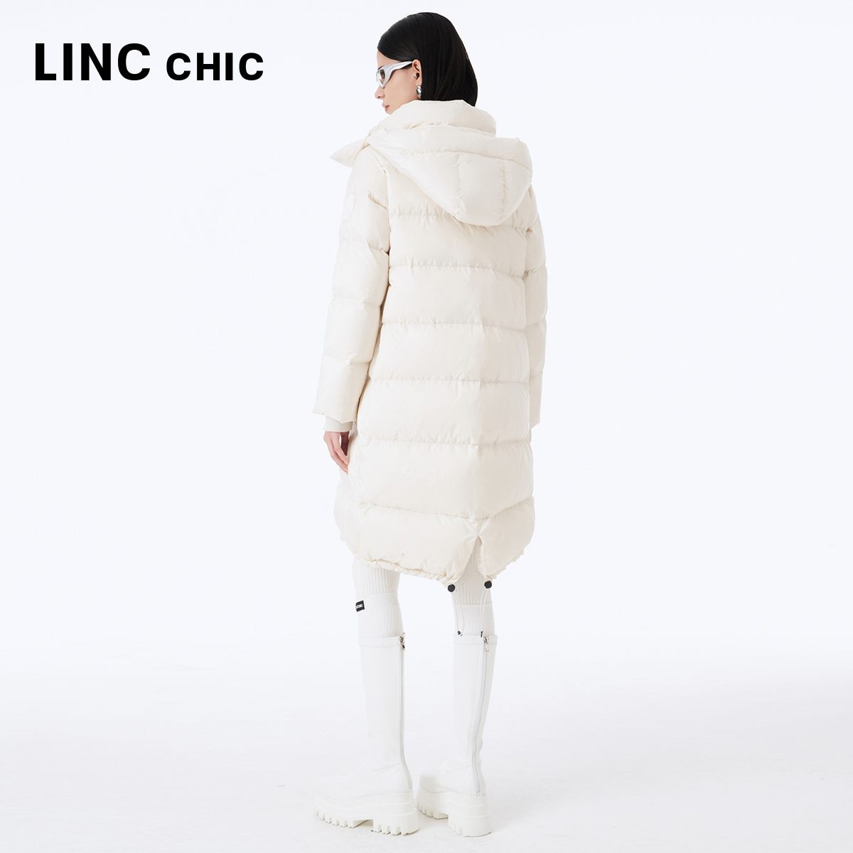 LINCCHIC金羽杰2023冬新款简约通勤中长款连帽羽绒服女Y23806266