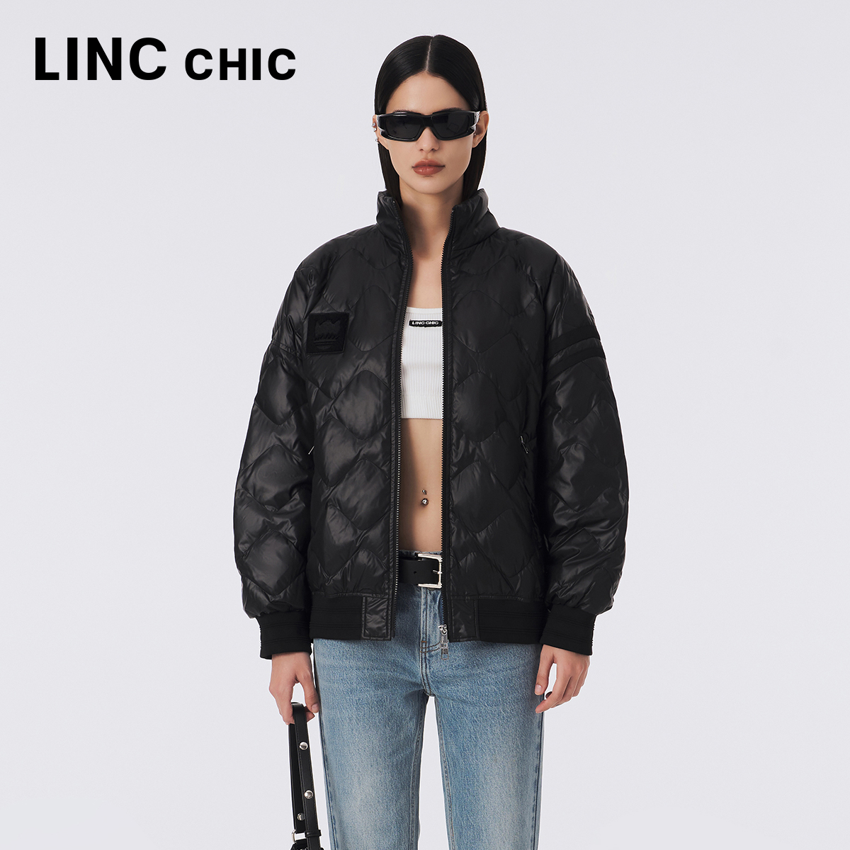 LINC金羽杰短款轻薄羽绒服女2023新款飞行员夹克外套女Y23802062