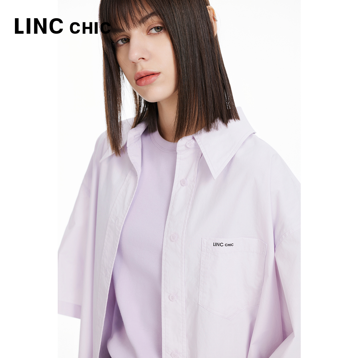 LINCCHIC金羽杰2024夏季新品宽松落肩造型感衬衫上衣女S242SH189Y-图3