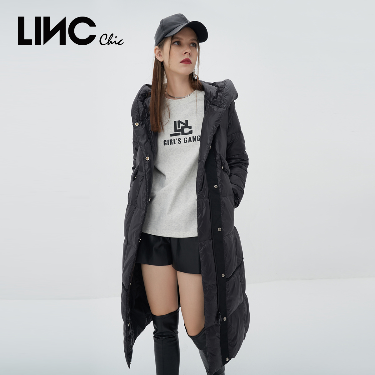 LINCCHIC金羽杰羽绒服女修身连帽长款羽绒服女冬季Y21808313