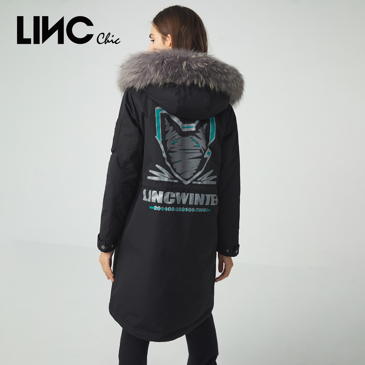 LINC金羽杰羽绒服女中长款清仓特价冬季真毛领时髦感派克服外套