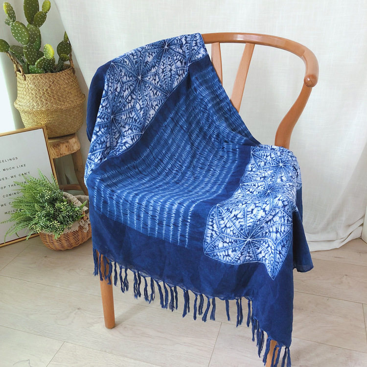 一澈扎染图案蓝染蜡染民族风棉混围巾森女文艺小清新旅行披肩围巾,淘宝优惠券,粉丝福利购,淘宝优惠卷