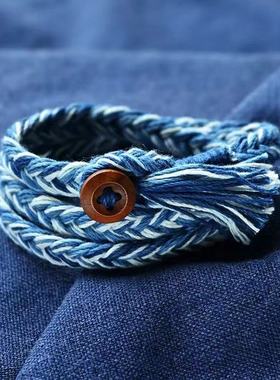 一澈扎染原创设计手工植物蓝染文艺时尚棉线复古三圈纽扣手环手链