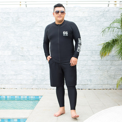 男士大码浮潜水服防晒冲浪加肥加大泳衣漂流三件套拉链胖子泡温泉 - 图1