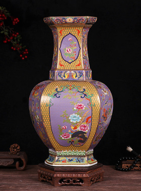 六方珐琅彩瓷器花鸟瓶景德镇陶瓷落地大花瓶客厅摆件工艺品青花瓷