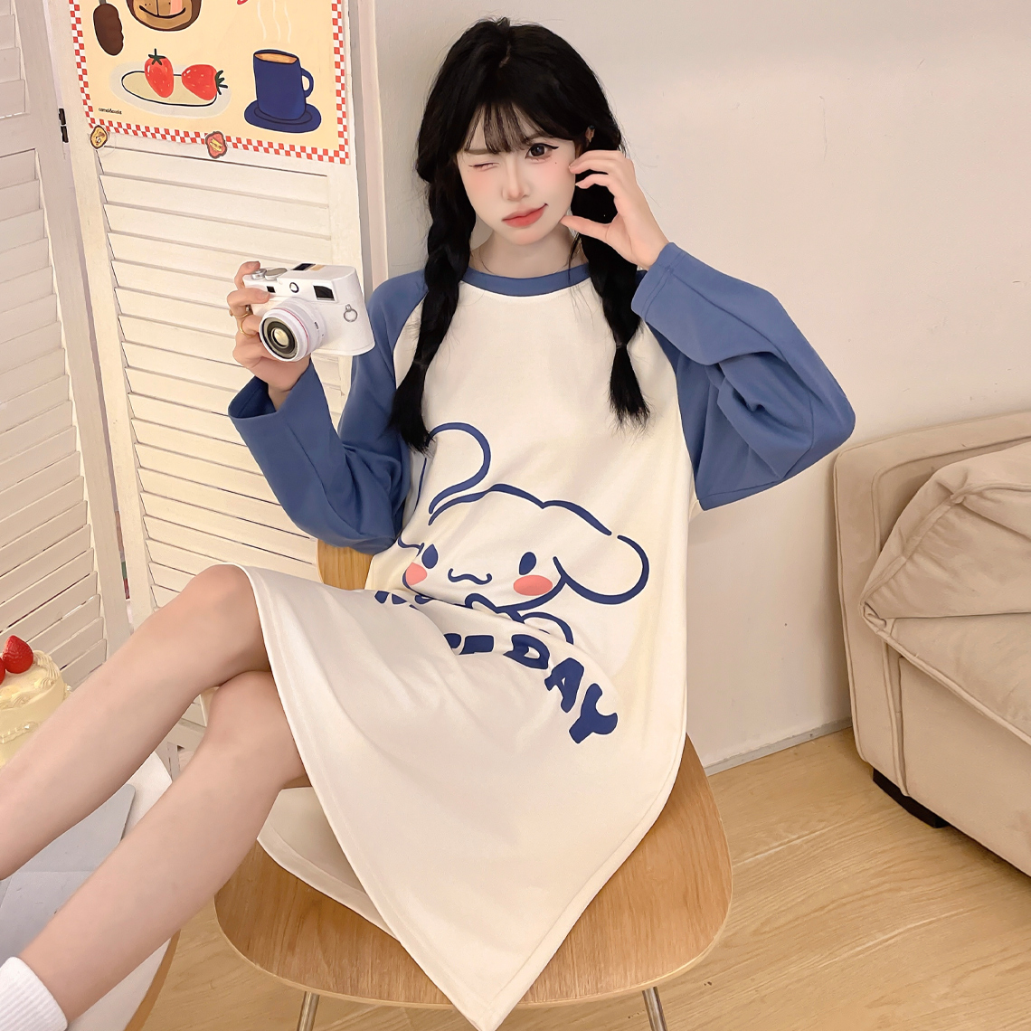 线条小狗睡裙女长袖纯棉2025新款春秋季睡衣中大童女生可爱家居服 - 图3