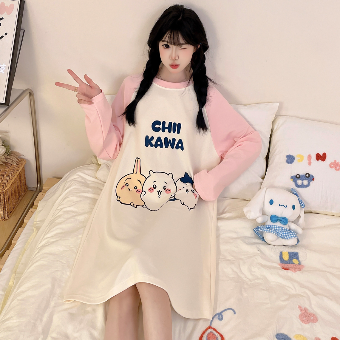 线条小狗睡裙女长袖纯棉2025新款春秋季睡衣中大童女生可爱家居服 - 图1