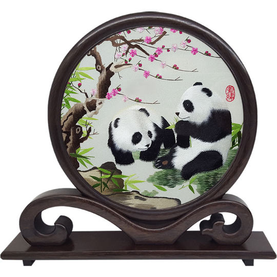 蜀绣双面绣大熊猫屏风手工刺绣摆件鸡翅木如意架礼品礼物成都特产