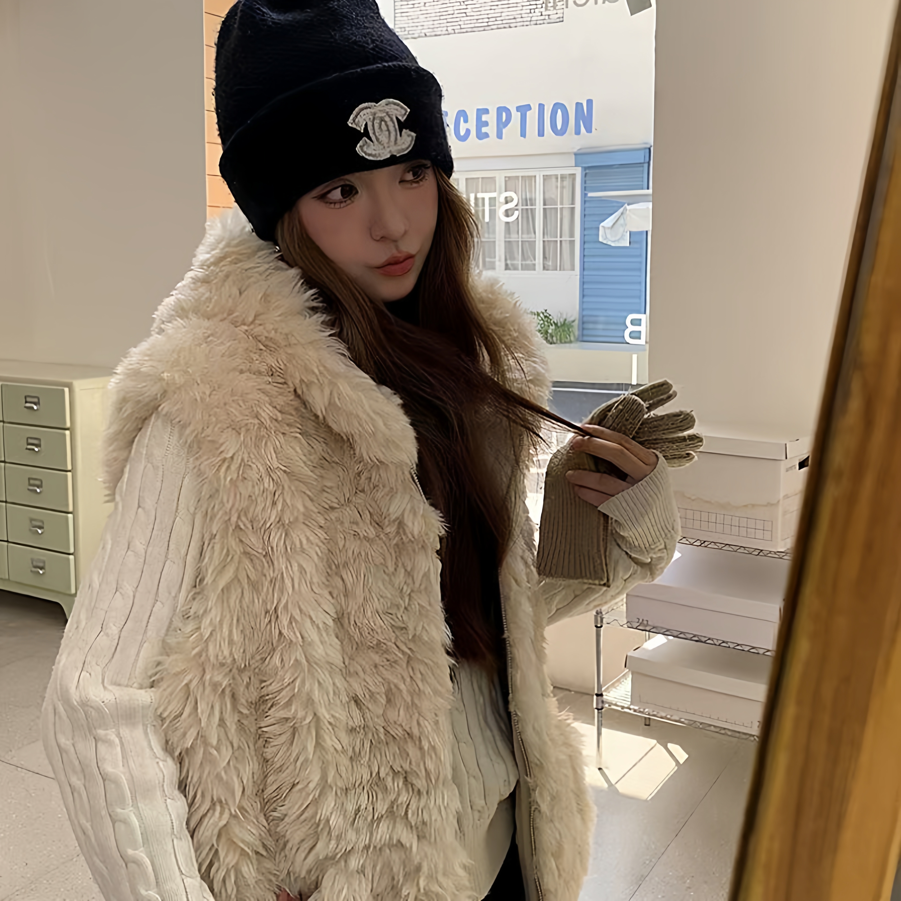 皮毛一体复古设计感连帽女秋冬款2025新款宽松无袖开衫毛毛外套 - 图1