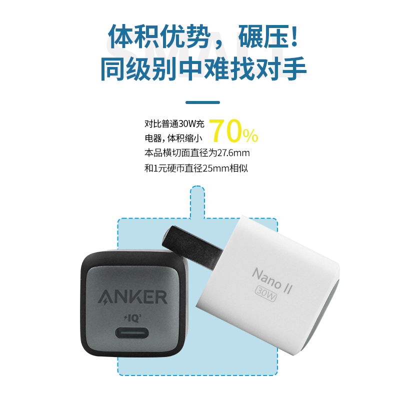 Anker安克氮化镓30W充电器PD快充适用于苹果15快充华为平板手机充电器充电头