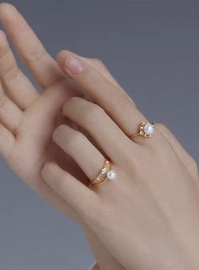 《花菱》奢宠极光天然珍珠轻奢设计气质指环电镀18K黄金色戒指