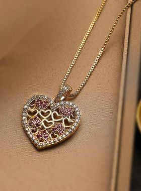 时尚精致铜镀18K金锆石爱心吊坠项链女INS简约个性百搭项饰