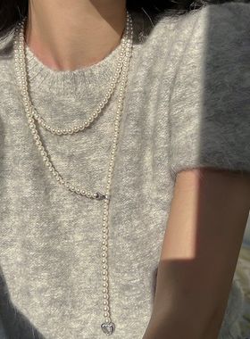 微镶爱心扣超长款珍珠项链时尚气质网红轻奢高级感毛衣链饰品