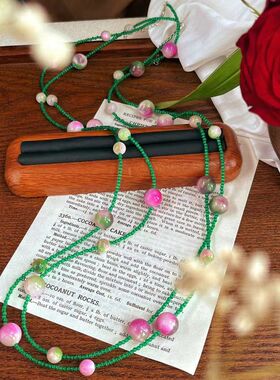 人造猫眼石春带彩长款项链毛衣链可多层叠戴