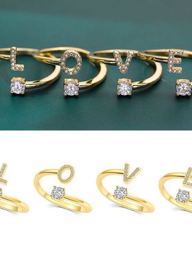 欧美26个英文姓名首字母戒指18K金微镶锆石开口戒饰品