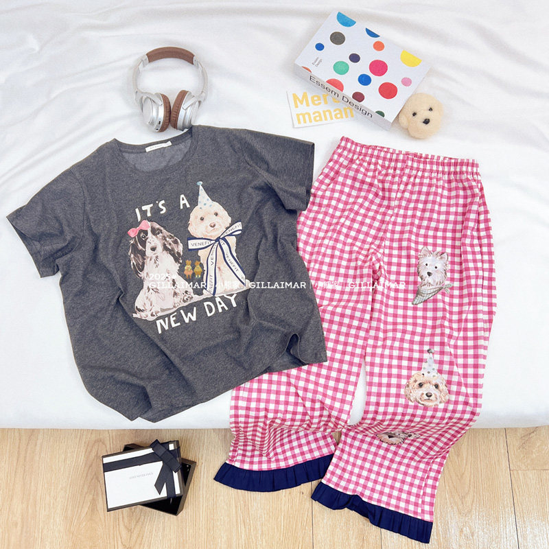 小熊家家居服2025春季新款可爱卡通蝴蝶结小狗花边格子睡衣套装女,淘宝优惠券,粉丝福利购,淘宝优惠卷