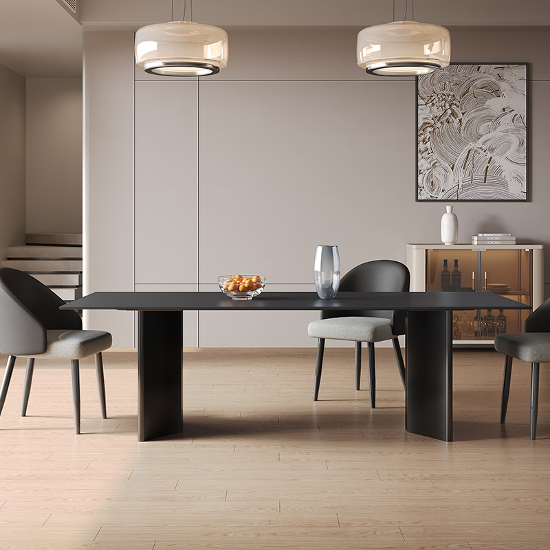 德利丰岩板餐桌简约现代黑色岛台餐桌椅组合意式极简家用长方形桌 - 图0