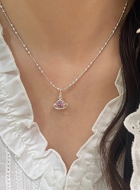 小众设计气质甜美双层叠戴施家珍珠爱心项链粉星球锆石精致颈链女