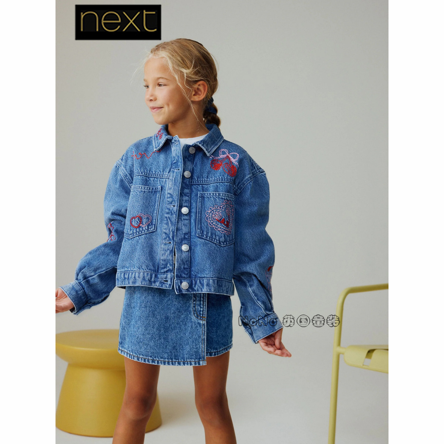 英国Next女大童亲子款蓝色刺绣爱心外套牛仔夹克3-16岁H47-417,淘宝优惠券,粉丝福利购,淘宝优惠卷