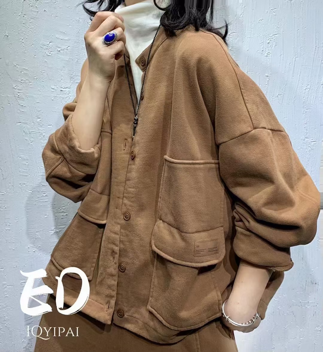 7173#秋冬宽松百搭纯色加厚加绒卫衣外套复古休闲圆领外搭外套 - 图2
