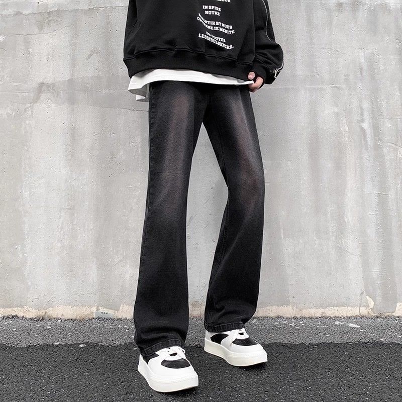 黑色渐变微喇牛仔裤男女夏季美式复古高街vibe直筒修身童装长裤子 - 图1