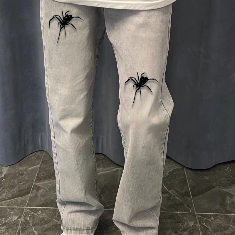 中大童美式高街印花蜘蛛牛仔裤休闲潮ins直筒黑色烟灰色裤子男款,淘宝优惠券,粉丝福利购,淘宝优惠卷