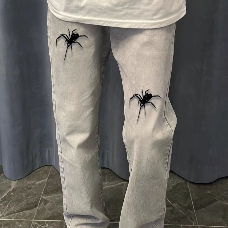 中大童美式高街印花蜘蛛牛仔裤休闲潮ins直筒黑色烟灰色裤子男款,淘宝优惠券,粉丝福利购,淘宝优惠卷