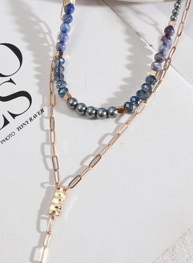 潮流设计开发 欧美风饰品 蓝色串珠个性时尚款钥匙心锁多层项链女