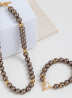 镀真金棕色珍珠短款气质项链手链