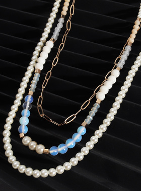 日韩饰品 多层白色珍珠时尚质感聚会晚会穿搭潮流百搭女项链 颈链