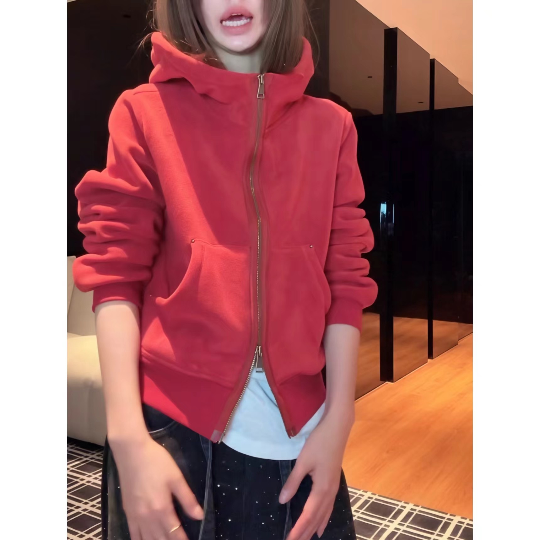 美式复古重磅双面奥粒绒连帽卫衣外套女2025秋冬新款时尚百搭上衣,淘宝优惠券,粉丝福利购,淘宝优惠卷