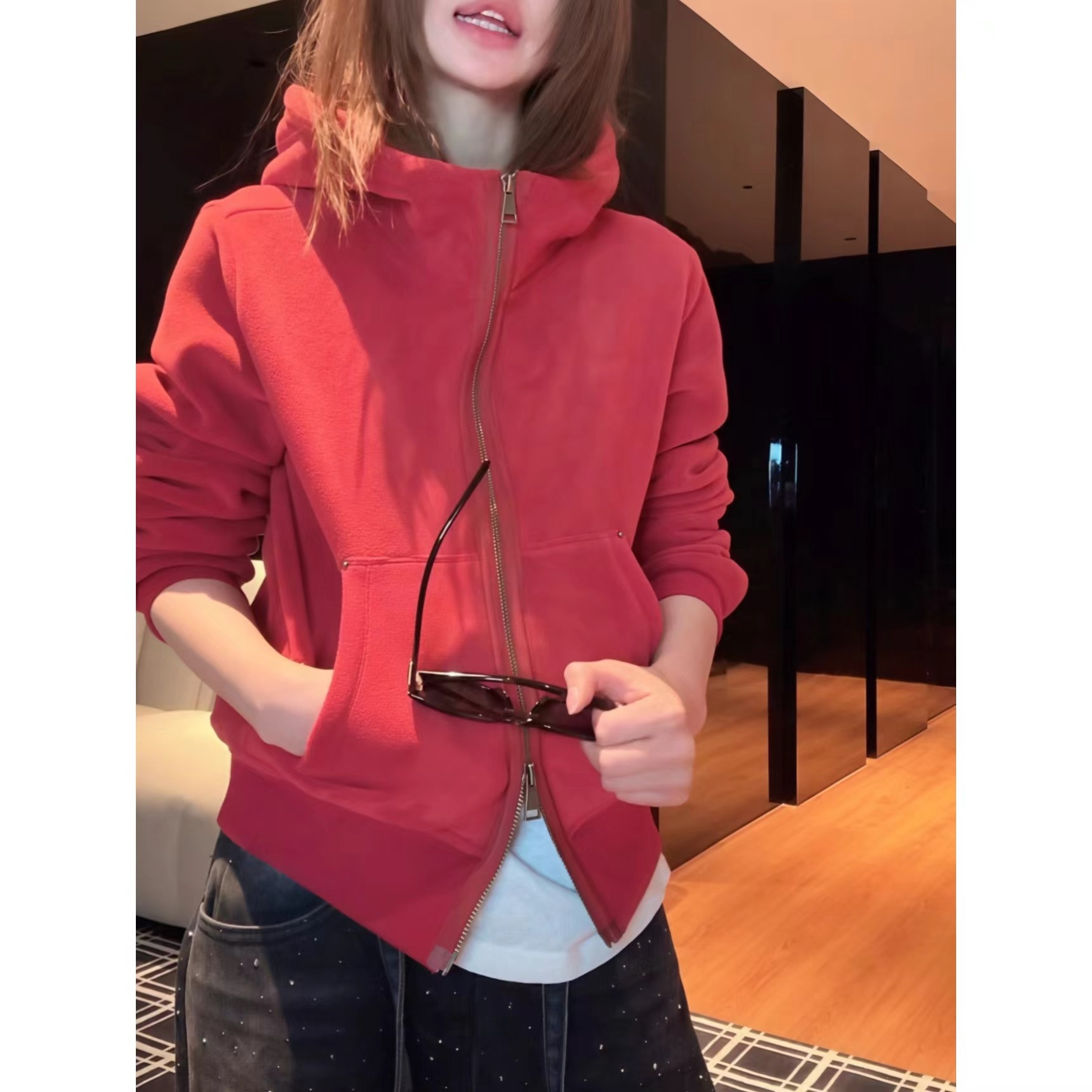 美式复古重磅双面奥粒绒连帽卫衣外套女2025秋冬新款时尚百搭上衣,淘宝优惠券,粉丝福利购,淘宝优惠卷