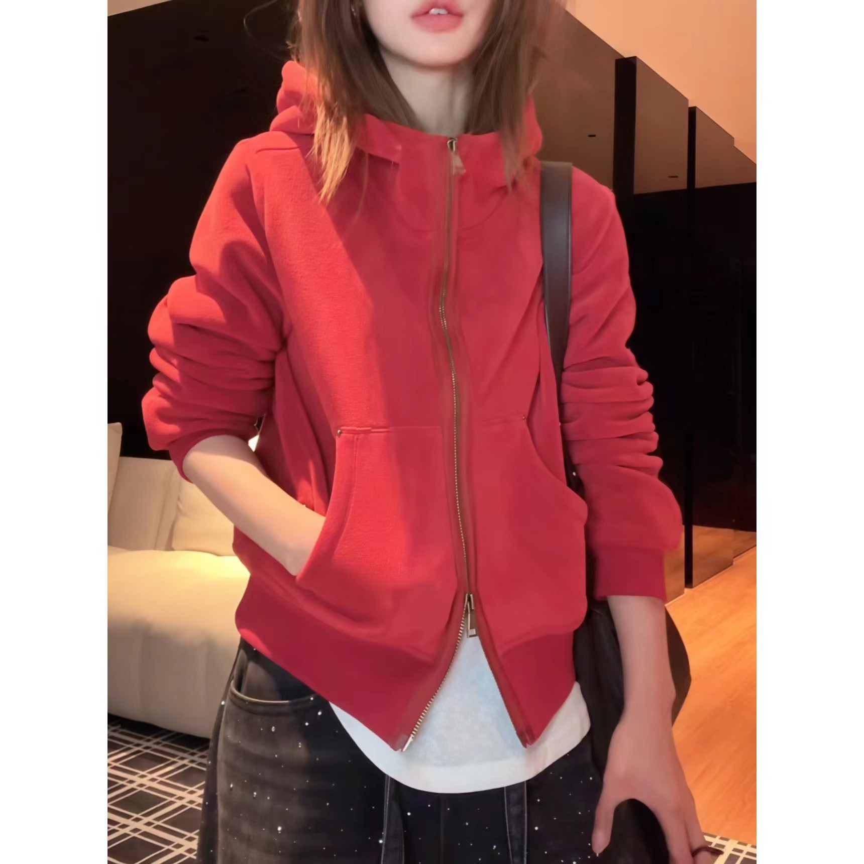 美式复古重磅双面奥粒绒连帽卫衣外套女2025秋冬新款时尚百搭上衣,淘宝优惠券,粉丝福利购,淘宝优惠卷