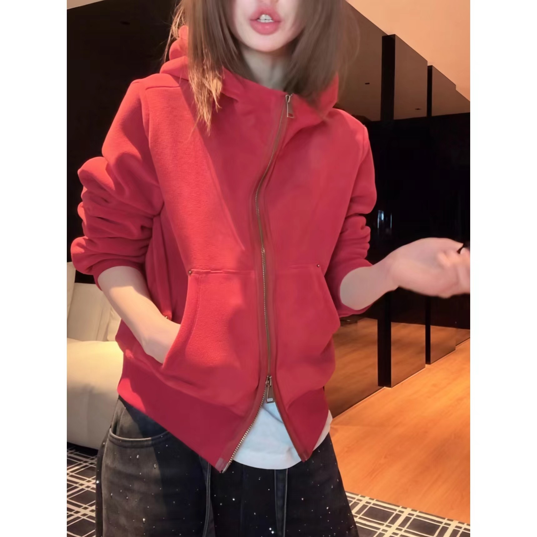 美式复古重磅双面奥粒绒连帽卫衣外套女2025秋冬新款时尚百搭上衣,淘宝优惠券,粉丝福利购,淘宝优惠卷