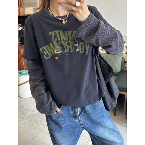 加厚磨毛字母印花条纹拼接假两件长袖T恤女2026早春百搭显瘦上衣 - 图2
