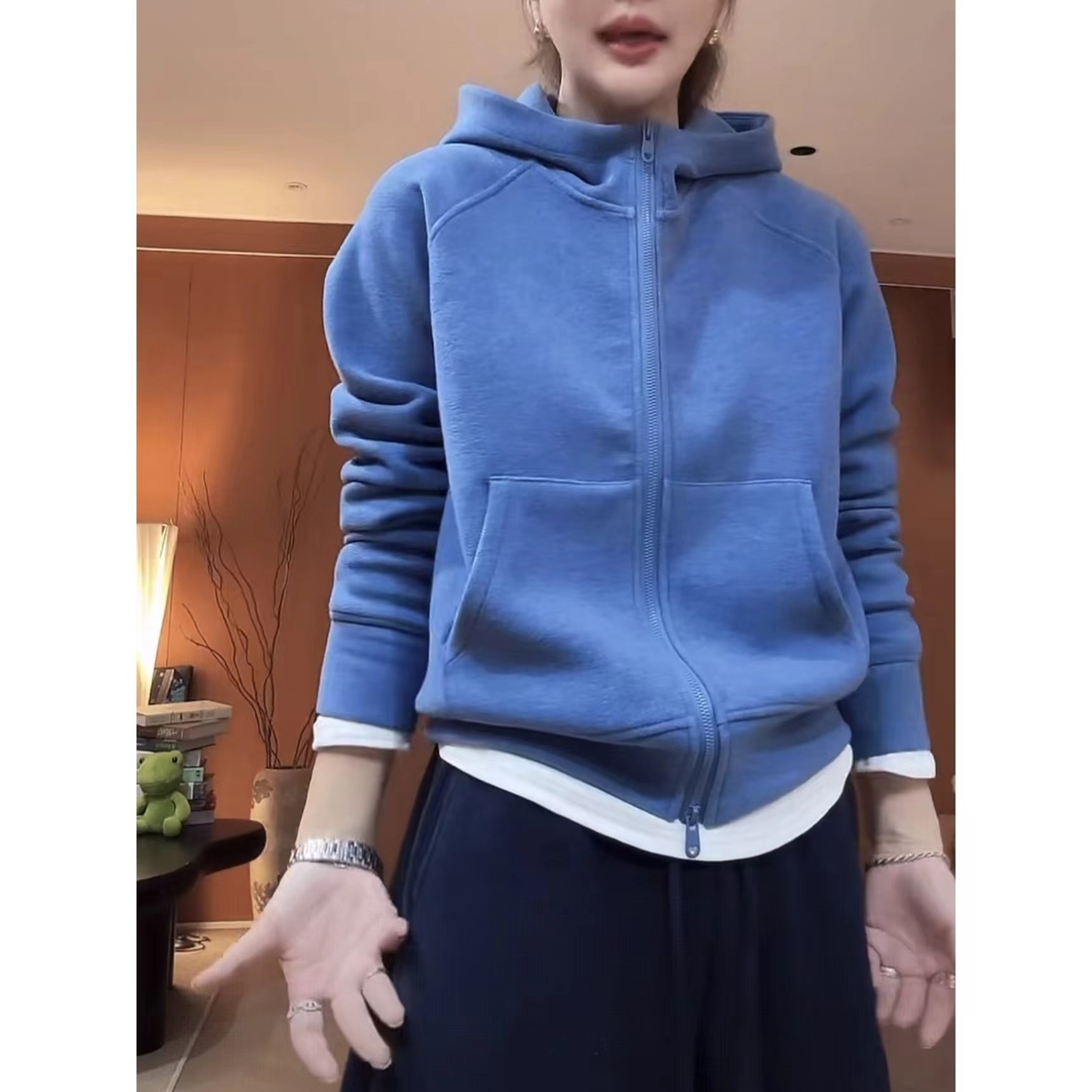 蓝色连帽卫衣女双拉链开衫外套2025秋冬新款休闲宽松百搭长袖上衣,淘宝优惠券,粉丝福利购,淘宝优惠卷