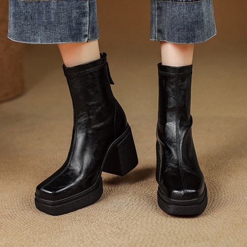 8cm小众高跟弹力瘦瘦靴女2025新款厚底防水台短靴百搭增高马丁靴 - 图1