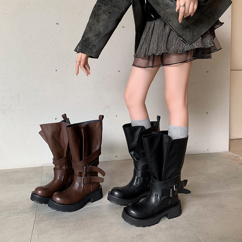 5.5cm复古皮带扣骑士靴女2025新款束口大筒围厚底增高机车长筒靴 - 图1