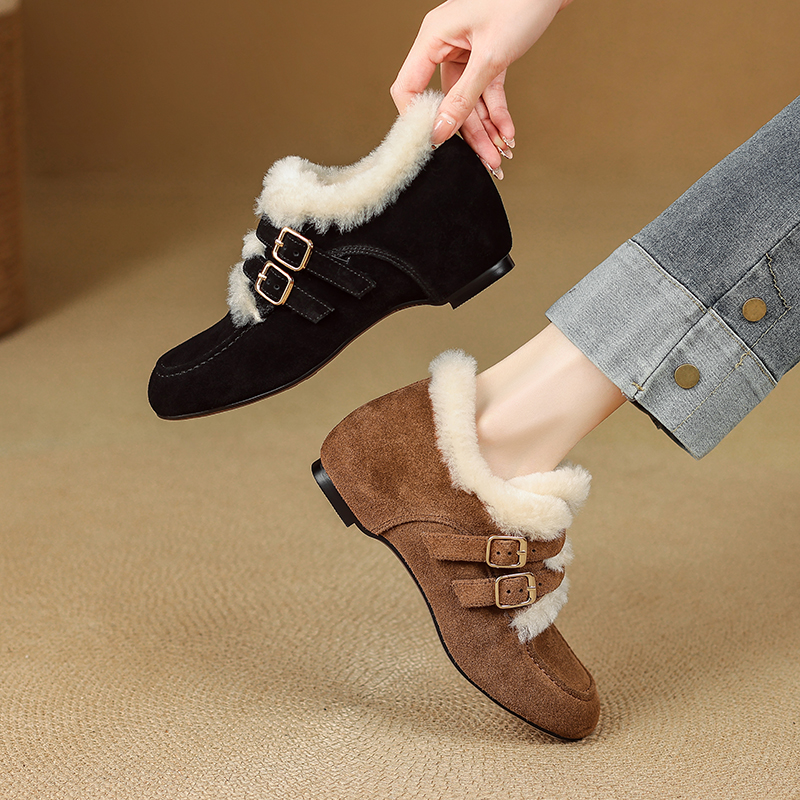 5cm真皮复古圆头加绒保暖毛毛鞋女2025冬季新款厚底内增高勃肯鞋 - 图1