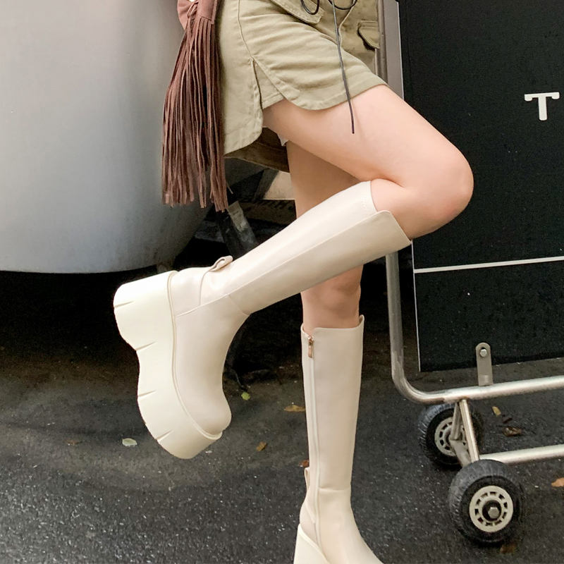 真皮小个子增高弹力靴女松糕厚底瘦瘦长靴不过膝超高跟瘦腿骑士靴 - 图2