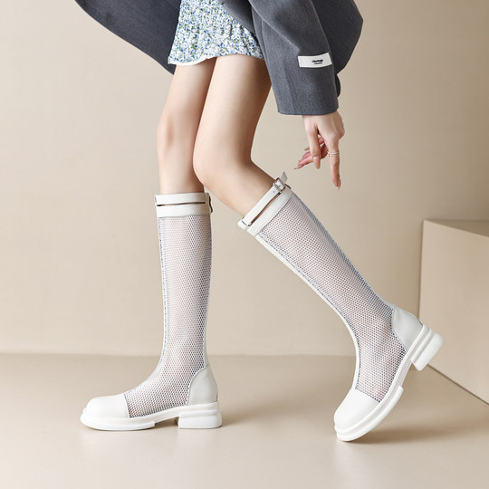 夏季薄款骑士靴女真皮网纱镂空高筒靴不过膝瘦腿长筒凉靴网面大码